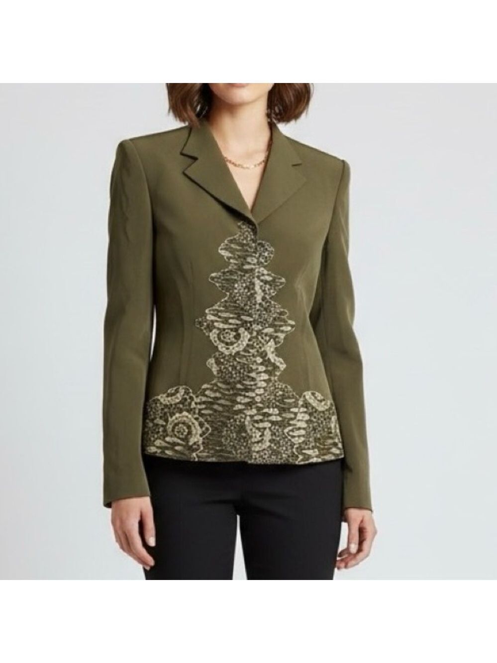 Richard Tyler Couture Embroidered Blazer Jacket Size 8 Silk Vintage Moss Green